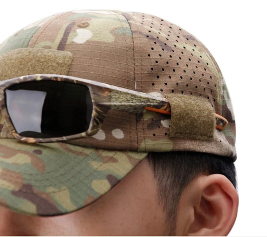 Camouflage built in sunglasses slot cap